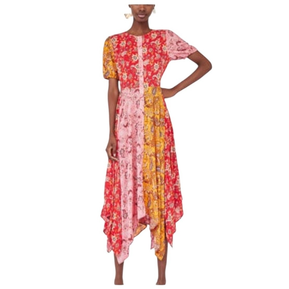 Zara Woman Patchwork Mixed Print‎ Handkerchief Hem Midi Dress Red Yellow Small
